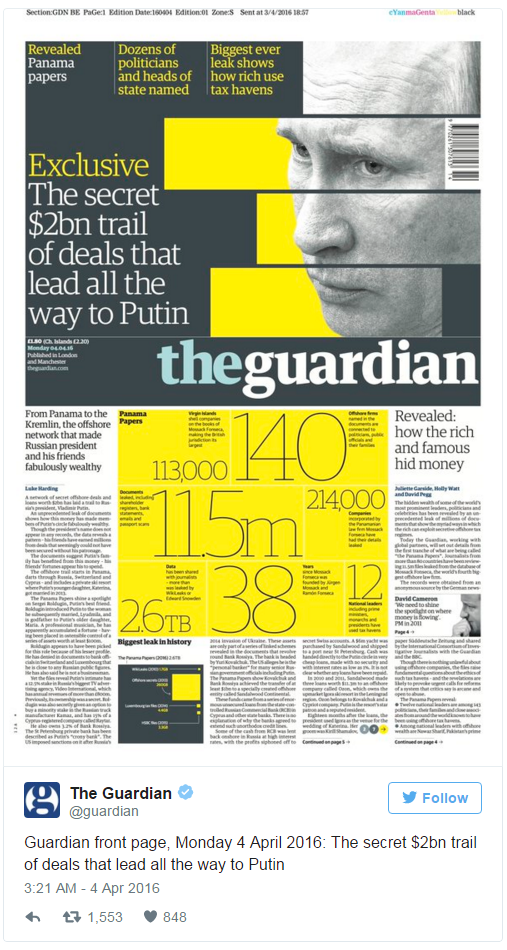 Guardian front page, Monday 4 April 2016: The secret $2bn trail of deals that lead all the way to Putin. Twitter