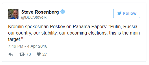 Kremlin spokesman Peskov on Panama Papers: "Putin, Russia, our country, our stability, our upcoming elections, this is the main target." Steve Rosenberg/Twitter